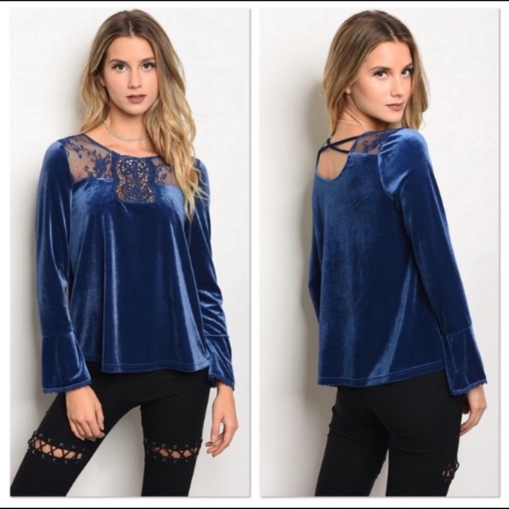 Women’s small blue velvet lace blouse shirt
